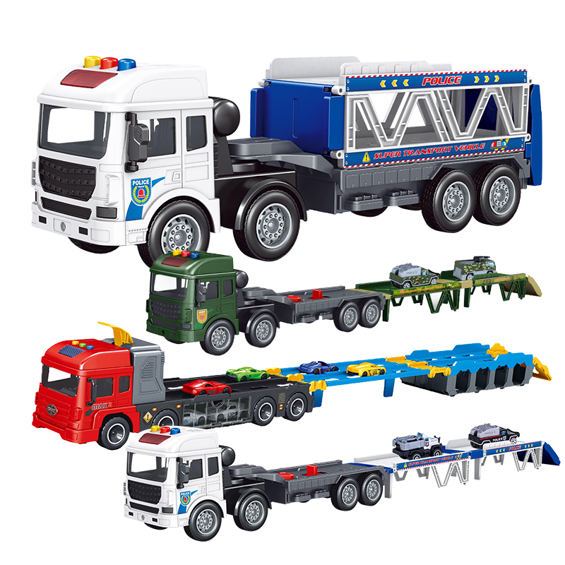 Kids Acousto-Optic Friction Transporter Vehicles Ejection Foldable Deformation Military Trailer Truck Toy with Mini Racing Cars