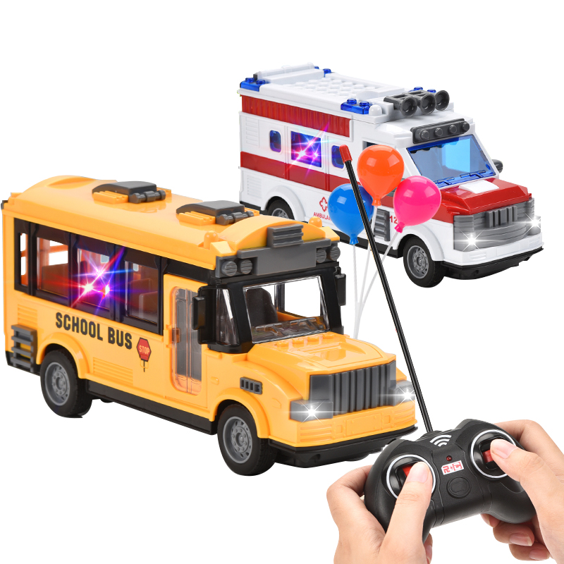 Remote Control Open Door Car Model Kids Gift 1:30 Simulation RC School Bus/ Ambulance Toys with Light