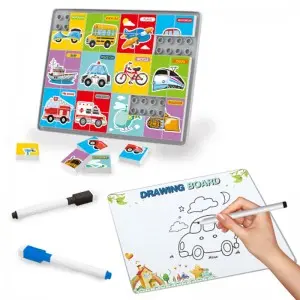 Vehicle Puzzle Blocks for Toddlers – Learning Toy with Drawing Board
