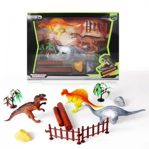 Dinosaur Toy Set with Fence & Tree – 3 Dino Figures Window Box for Kids Gift