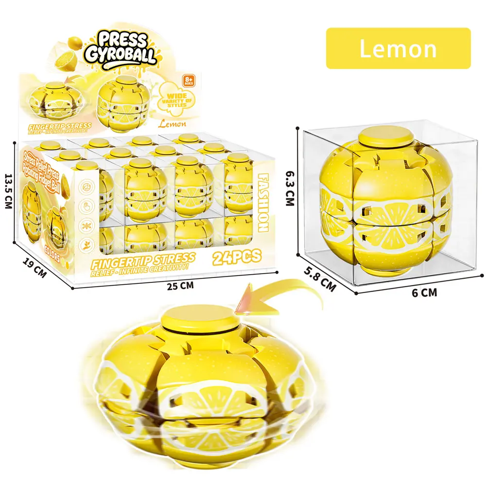 Fruit-Shaped Press-Deform & Spin Fidget Toy – 24-Piece Display Box for Stress Relief