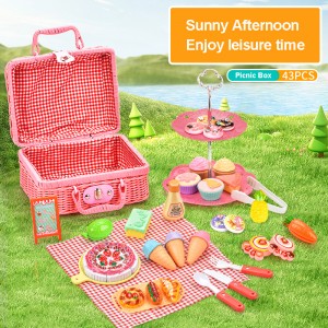43pcs Picnic Basket Play Set Toy Simulated Cake Ice-Cream Cone Dessert Donut Bread Dim Sum Rack Vegetables Fruits Cutting Toys