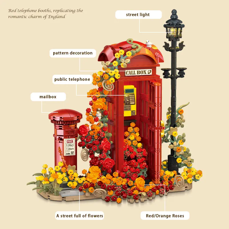 1142PCS British Telephone Booth Street Building Blocks with LED Light & Hidden Bird