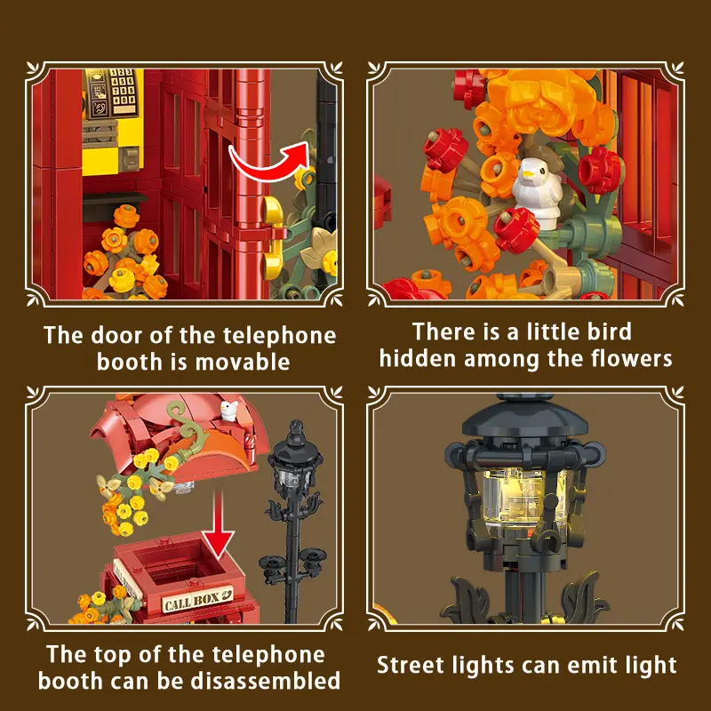 1142PCS British Telephone Booth Street Building Blocks with LED Light & Hidden Bird