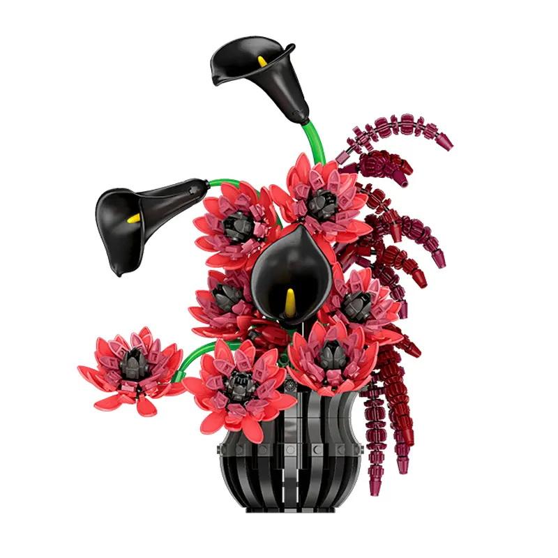 885PCS Gothic Dark Floral Vase Blocks – Adjustable Blooms for Home Decor STEM Toy