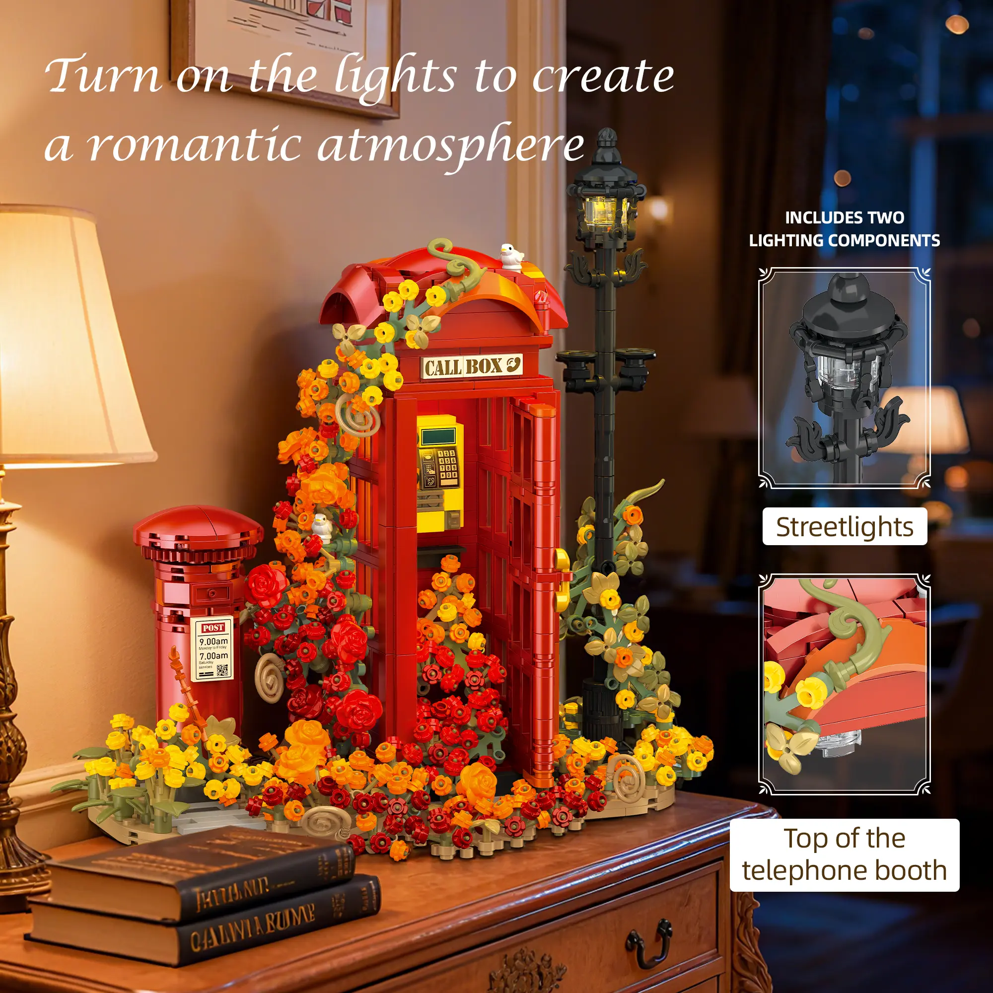 1142PCS British Telephone Booth Street Building Blocks with LED Light & Hidden Bird