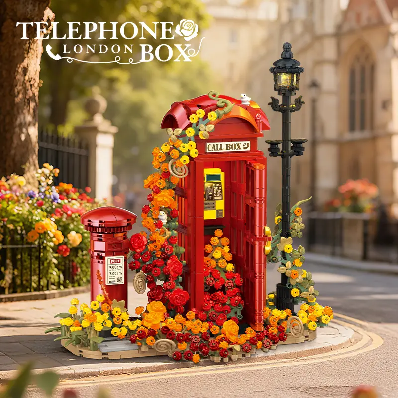 1142PCS British Telephone Booth Street Building Blocks with LED Light & Hidden Bird