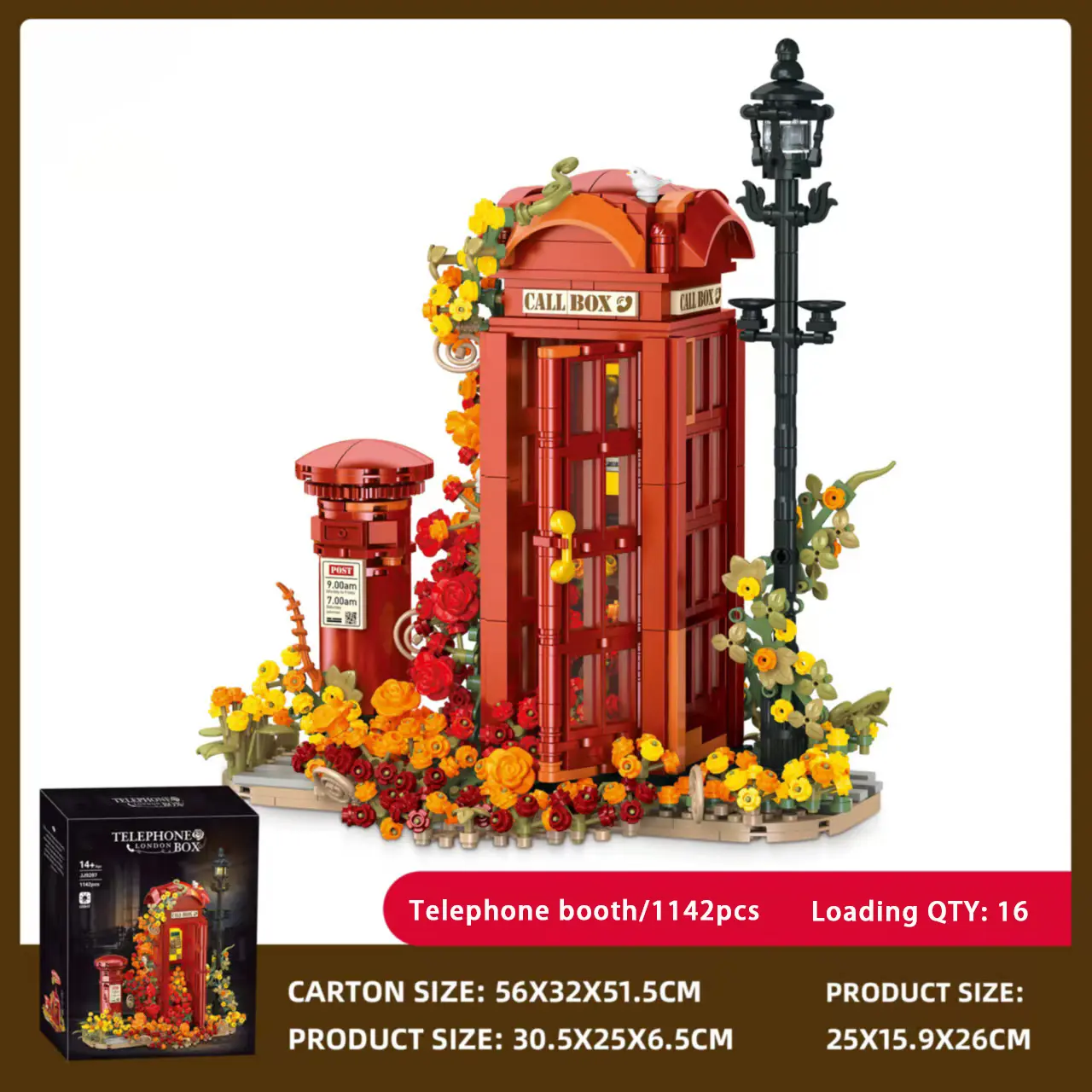 1142PCS British Telephone Booth Street Building Blocks with LED Light & Hidden Bird