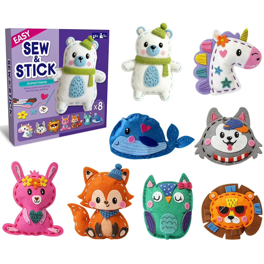 8 Cartoon Animal Sewing Craft Kit – DIY Felt Plush Toy Set for Kids Fine Motor Skills