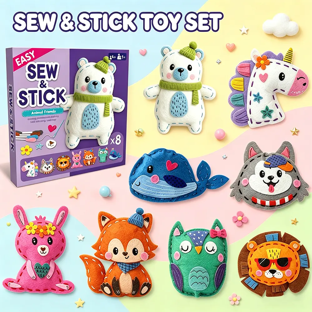 8 Cartoon Animal Sewing Craft Kit – DIY Felt Plush Toy Set for Kids Fine Motor Skills