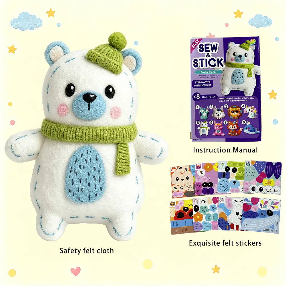 8 Cartoon Animal Sewing Craft Kit – DIY Felt Plush Toy Set for Kids Fine Motor Skills