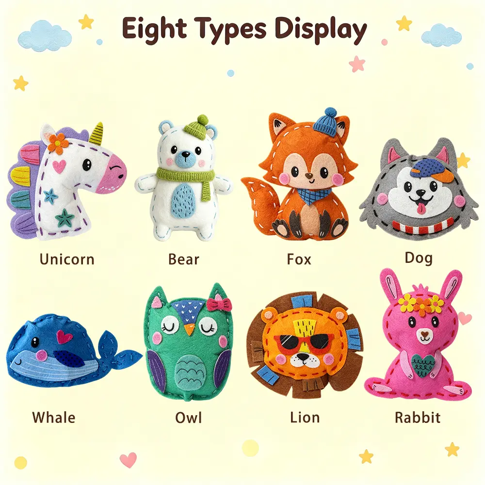 8 Cartoon Animal Sewing Craft Kit – DIY Felt Plush Toy Set for Kids Fine Motor Skills