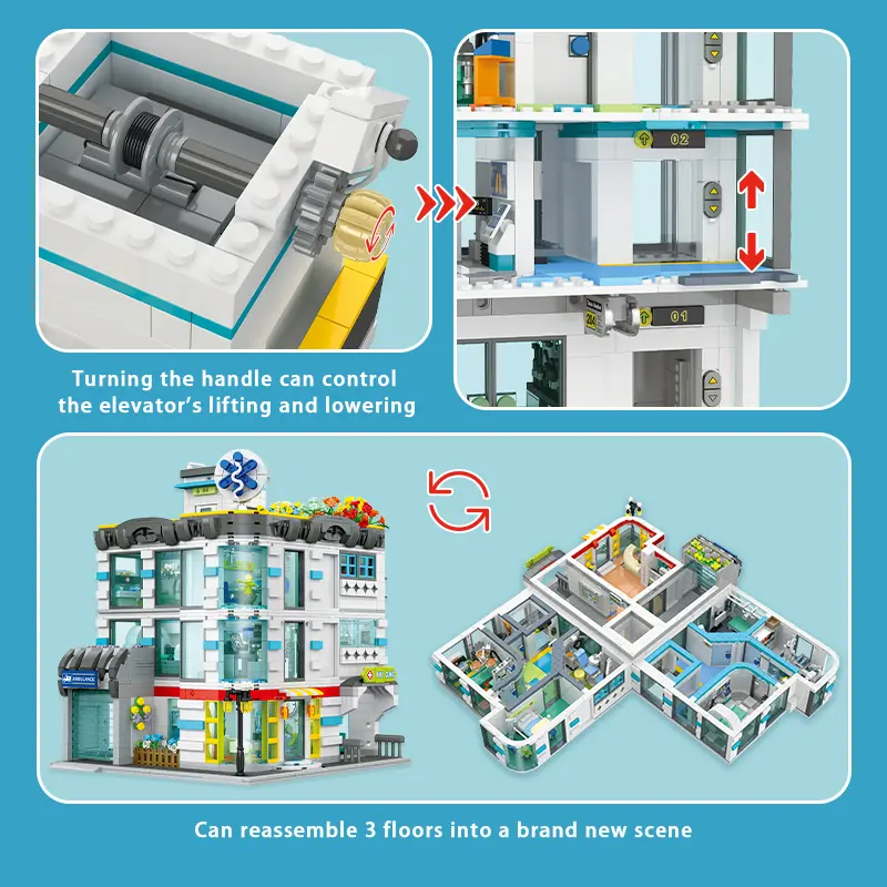 2866PCS 3-Story Hospital Building Blocks with LED – Detachable Floor Medical Toy