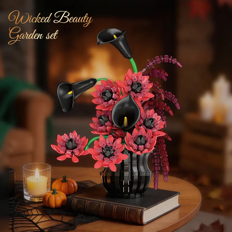 885PCS Gothic Dark Floral Vase Blocks – Adjustable Blooms for Home Decor STEM Toy
