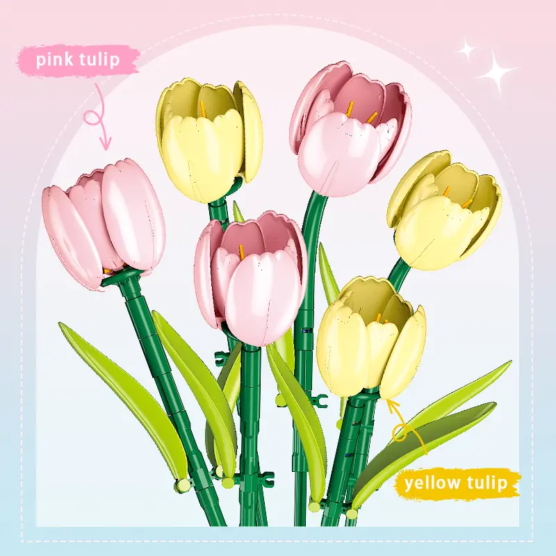 186PCS Pink & Yellow Tulip Potted Plant Building Blocks Toys with Vase