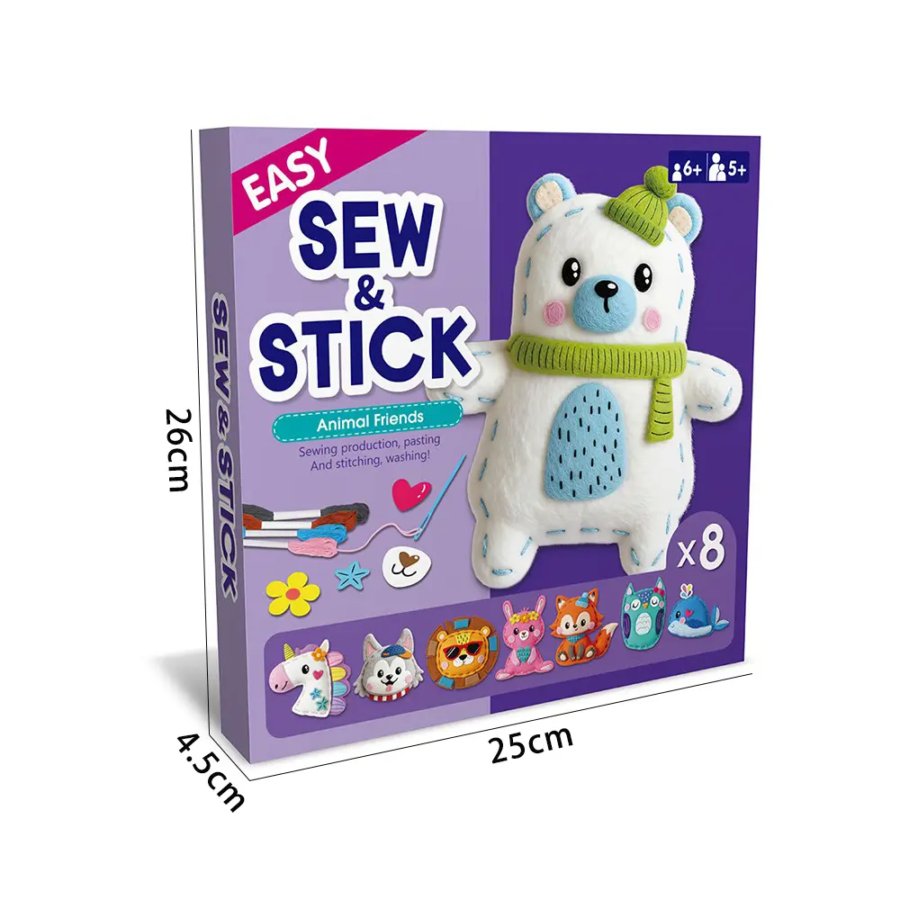 8 Cartoon Animal Sewing Craft Kit – DIY Felt Plush Toy Set for Kids Fine Motor Skills