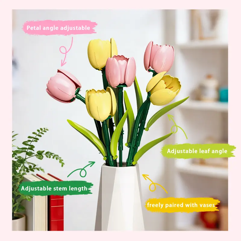 186PCS Pink & Yellow Tulip Potted Plant Building Blocks Toys with Vase