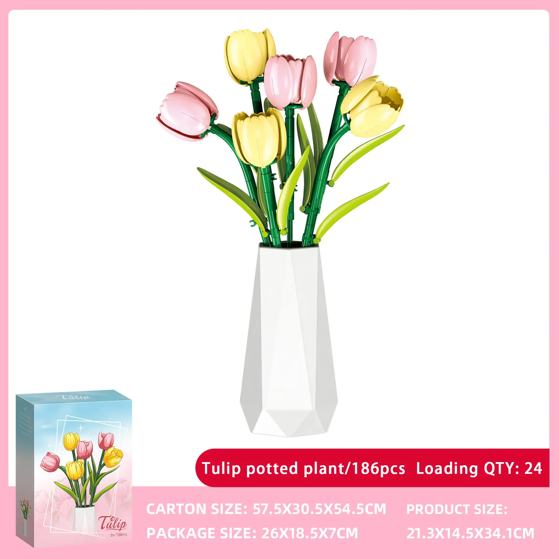186PCS Pink & Yellow Tulip Potted Plant Building Blocks Toys with Vase