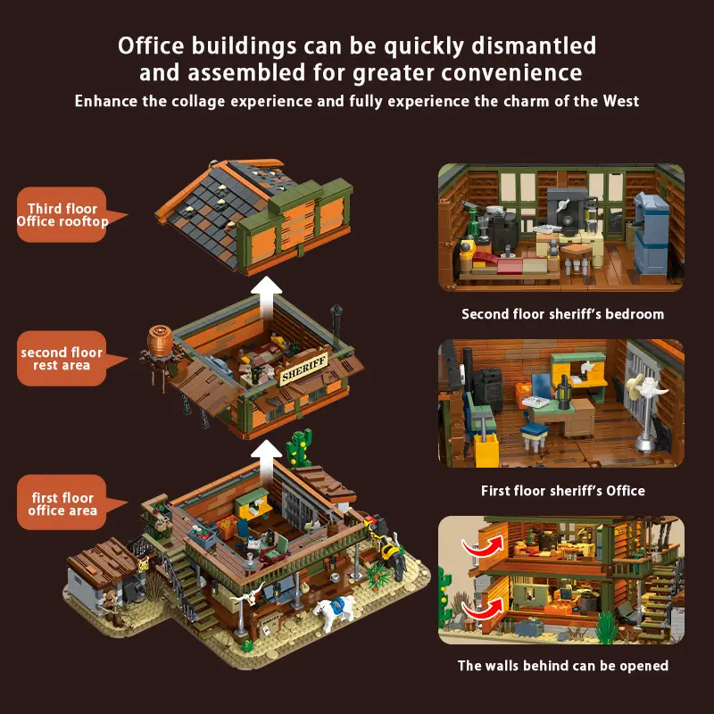 3527PCS Sheriff’s Office Modular Building Blocks with LED – Wild West 3-Story Toy