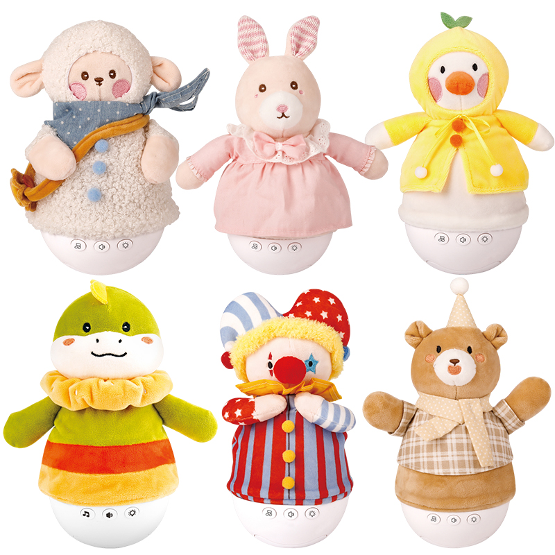 Cuddly Tumbler Toy with 6 Soothing Songs & LED Lights – Rabbit/Bear/Dino Plush Gift for Kids