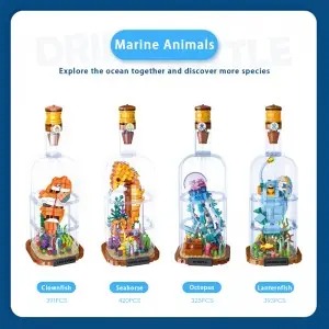 4 Deep-Sea Message in a Bottle Building Blocks Toys Set – LED Light Marine Animal Model Set