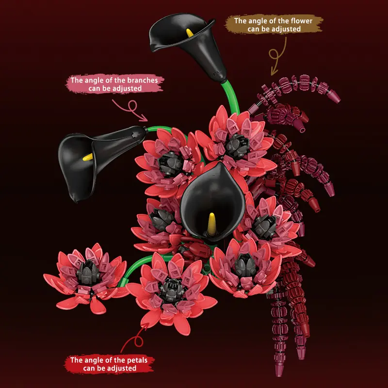 885PCS Gothic Dark Floral Vase Blocks – Adjustable Blooms for Home Decor STEM Toy