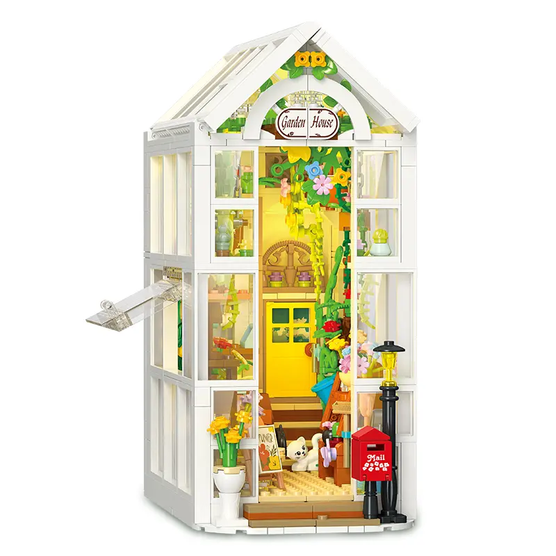 919PCS Flower Shop Glasshouse Bookend Building Blocks with LED – Expandable Bookshelf Decor