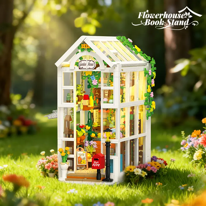 919PCS Flower Shop Glasshouse Bookend Building Blocks with LED – Expandable Bookshelf Decor