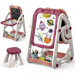Double-Sided 90° Flip Easel Drawing Toys with Adjustable Stand & Stool – Art Board for Kids