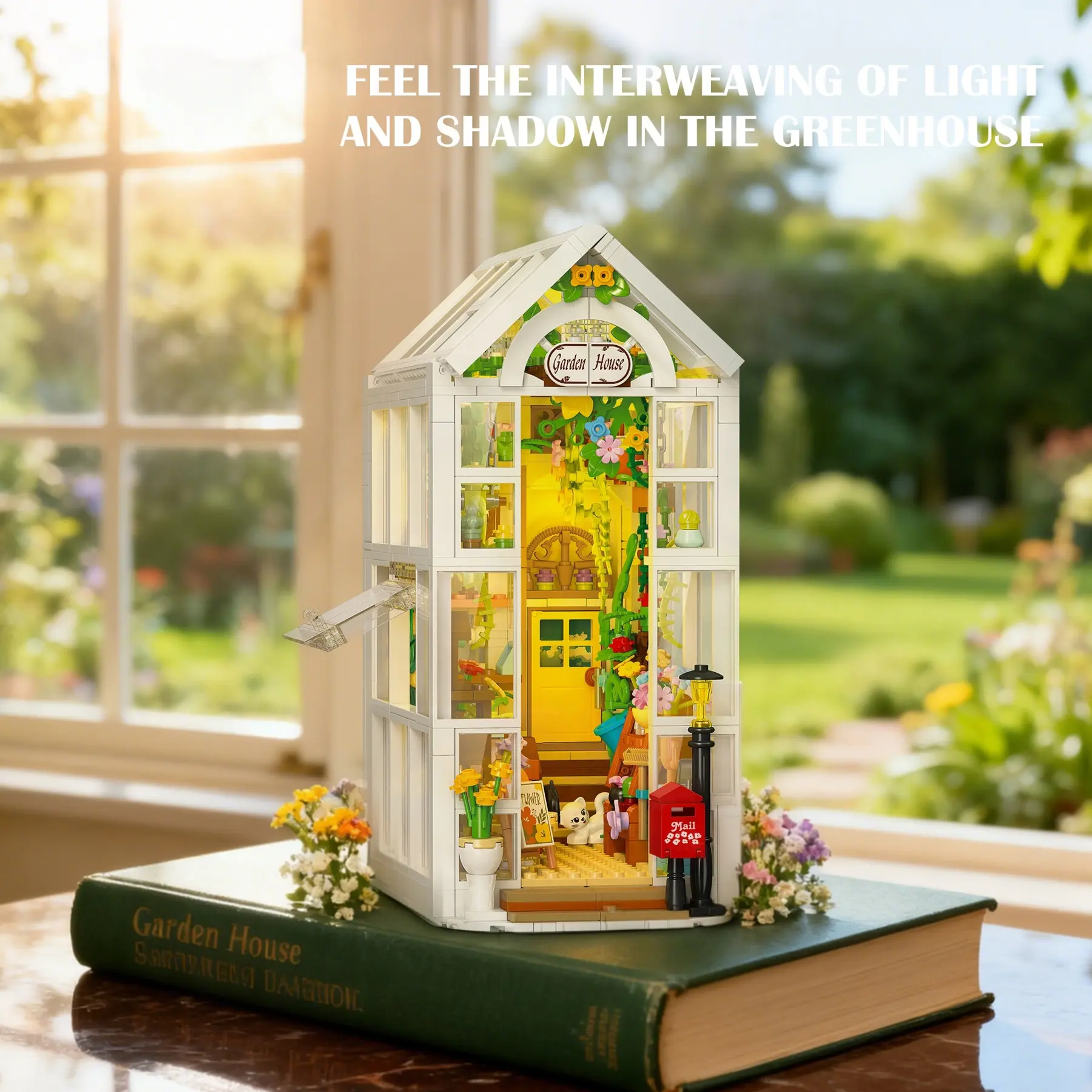 919PCS Flower Shop Glasshouse Bookend Building Blocks with LED – Expandable Bookshelf Decor