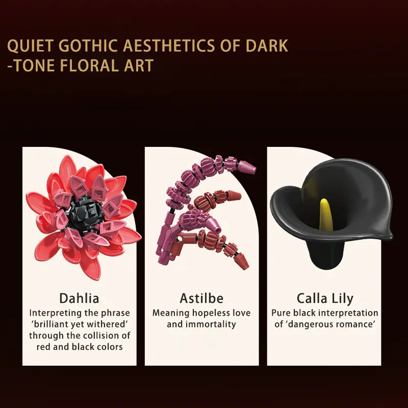 885PCS Gothic Dark Floral Vase Blocks – Adjustable Blooms for Home Decor STEM Toy