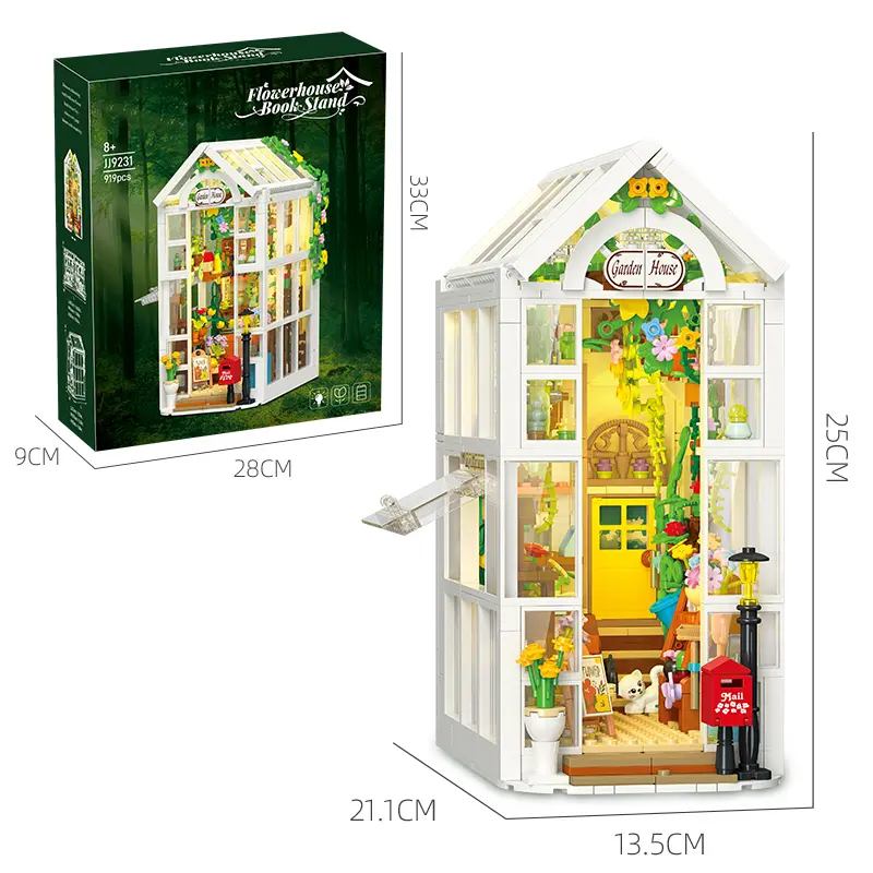 919PCS Flower Shop Glasshouse Bookend Building Blocks with LED – Expandable Bookshelf Decor