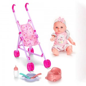 12 Inch Soft Vinyl Doll with Stroller & Feeding Set – Pretend Baby Care Toy