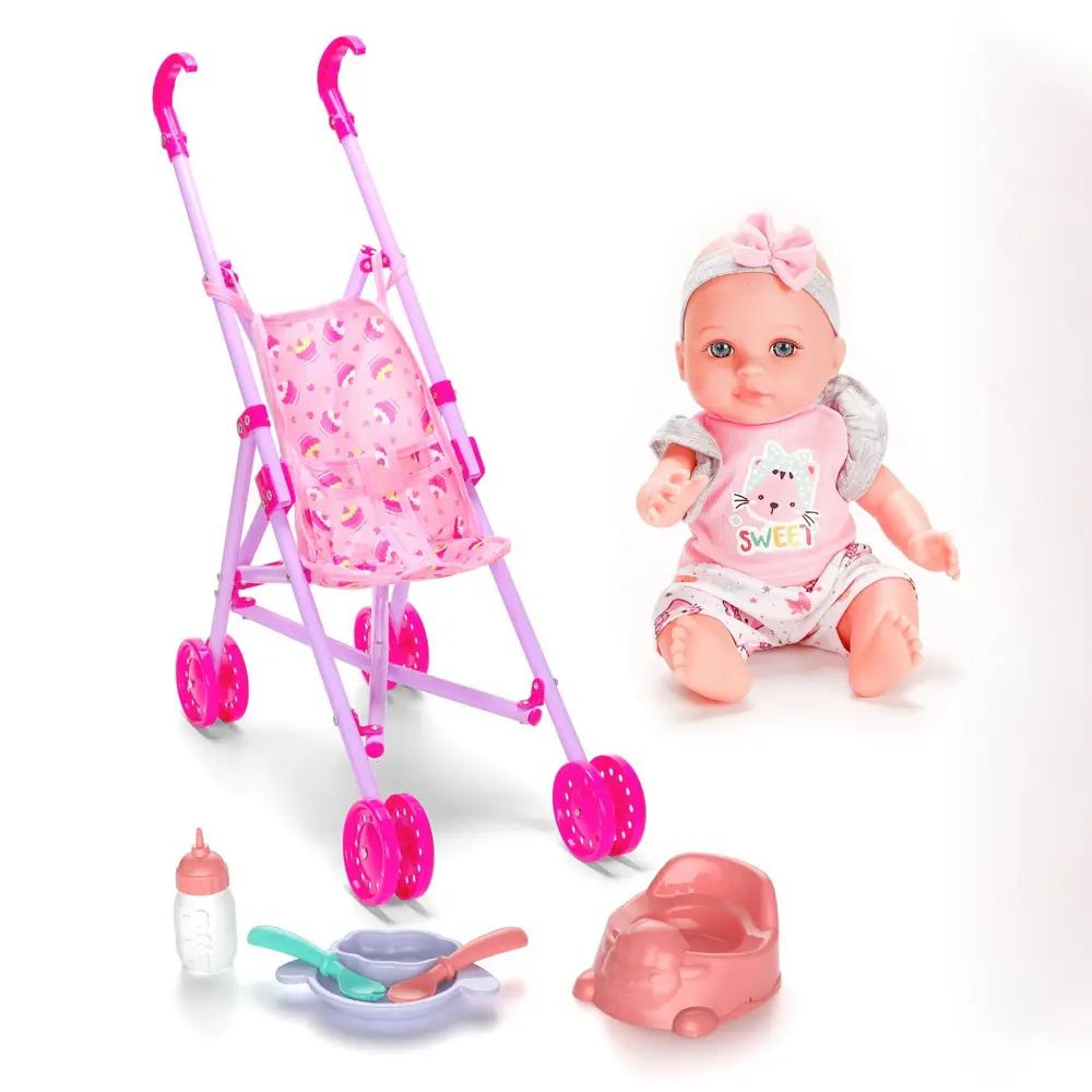 12 Inch Soft Vinyl Doll with Stroller & Feeding Set – Pretend Baby Care Toy