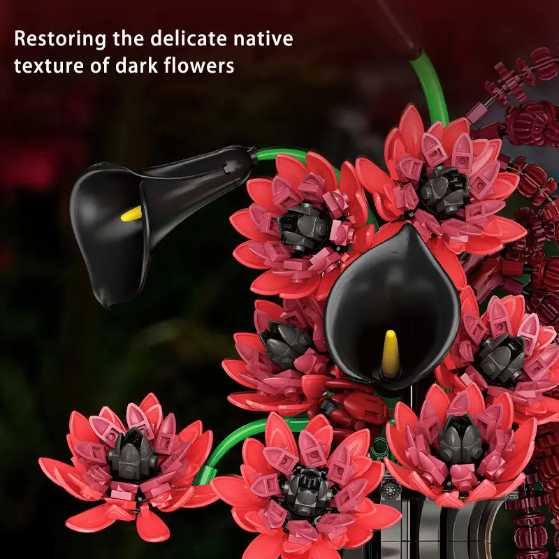 885PCS Gothic Dark Floral Vase Blocks – Adjustable Blooms for Home Decor STEM Toy