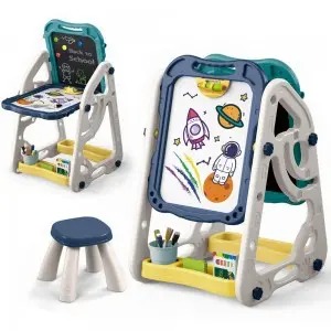 Double-Sided 90° Flip Easel Drawing Toys with Adjustable Stand & Stool – Art Board for Kids