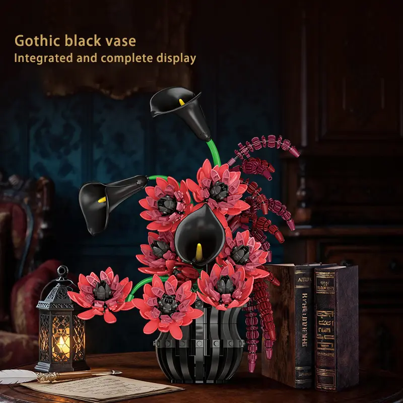 885PCS Gothic Dark Floral Vase Blocks – Adjustable Blooms for Home Decor STEM Toy