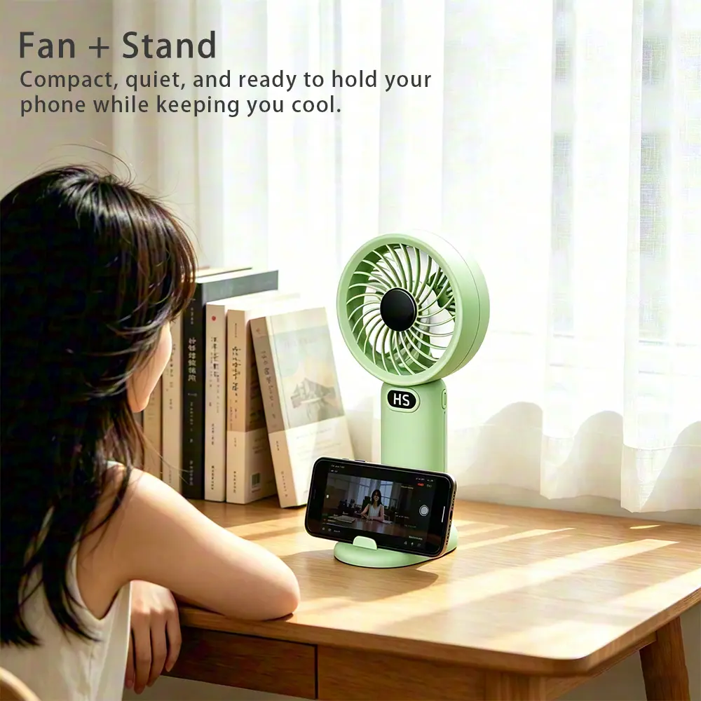 Portable 2-in-1 Mini Desktop Handheld Fan & Phone Holder 5 Speeds 1200mAh