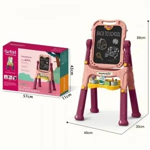Kids 360° Double-Sided Flip Easel with Long Stand & Storage – Whiteboard Blackboard
