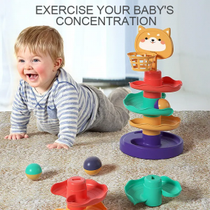 7 Layer Ball Drop Tower Toy Swirling Roller Coaster Stacking Game with Basketball Hoop Educational Toddler Toy