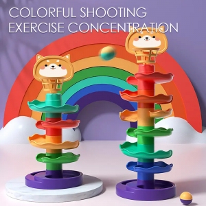 7 Layer Ball Drop Tower Toy Swirling Roller Coaster Stacking Game with Basketball Hoop Educational Toddler Toy