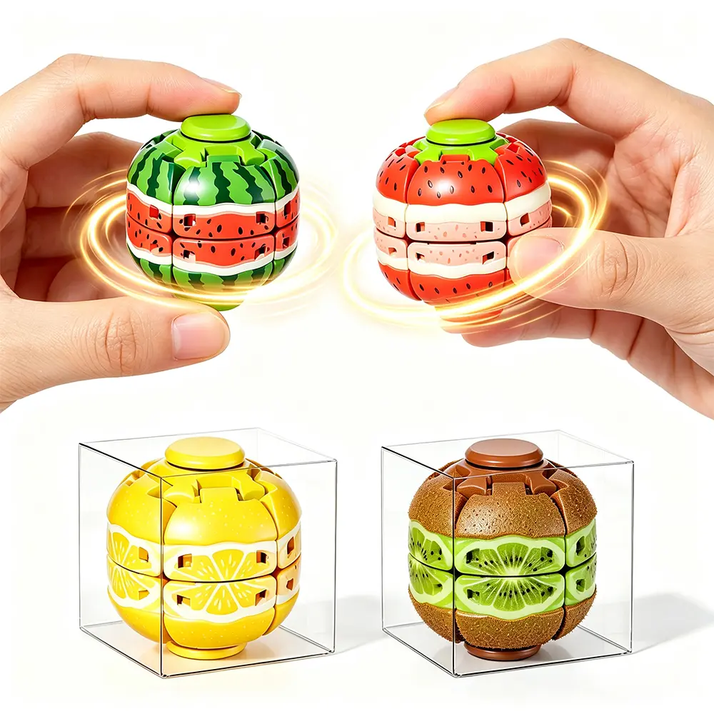 Fruit-Shaped Press-Deform & Spin Fidget Toy – 24-Piece Display Box for Stress Relief