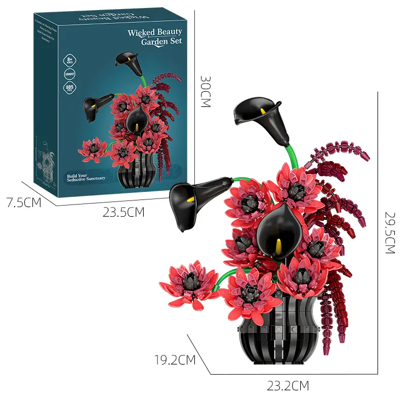885PCS Gothic Dark Floral Vase Blocks – Adjustable Blooms for Home Decor STEM Toy