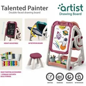 Double-Sided 90° Flip Easel Drawing Toys with Adjustable Stand & Stool – Art Board for Kids