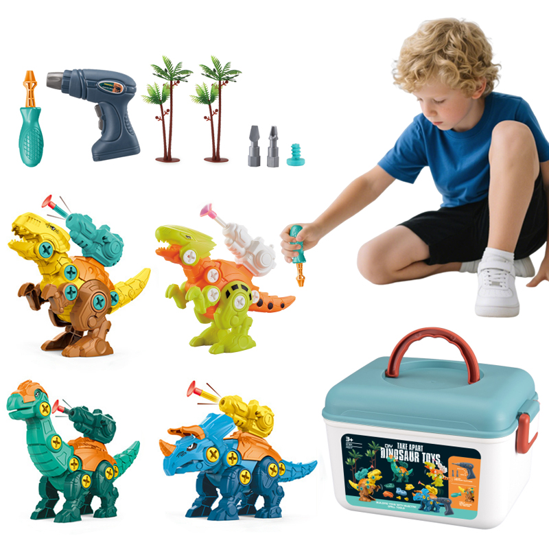 Kids STEM Education DIY Construction Kit Soft Bullets Dart Launch Screws Assembly Dinosaur Toy Set with Drill & Storage Box