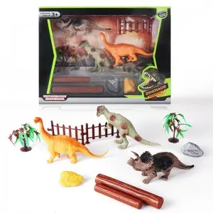 Dinosaur Toy Set with Fence & Tree – 3 Dino Figures Window Box for Kids Gift