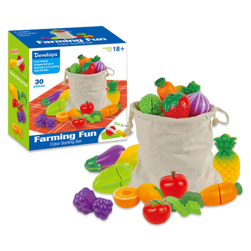 Toddler Color Sorting Learning Kitchen Realistic Play Foods 30pcs Portable Cutting Fruit and Vegetable Toys Set with Storage Bag