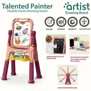 Kids 360° Double-Sided Flip Easel with Long Stand & Storage – Whiteboard Blackboard
