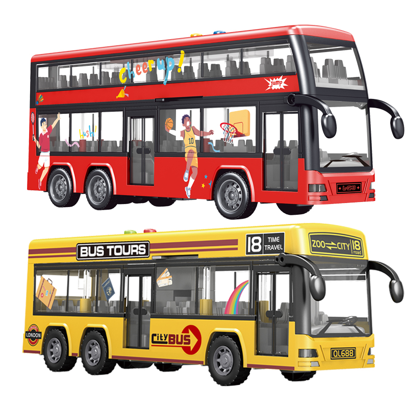 Children Inertia Door Opening City Tourist Car Model Kids Plastic Friction Truck Double Decker Urban Bus Toy with Music & Light