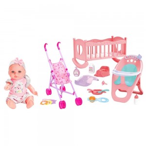 12 Inch Soft Vinyl Baby Doll with Stroller, Crib & High Chair – 3-in-1 Care Set